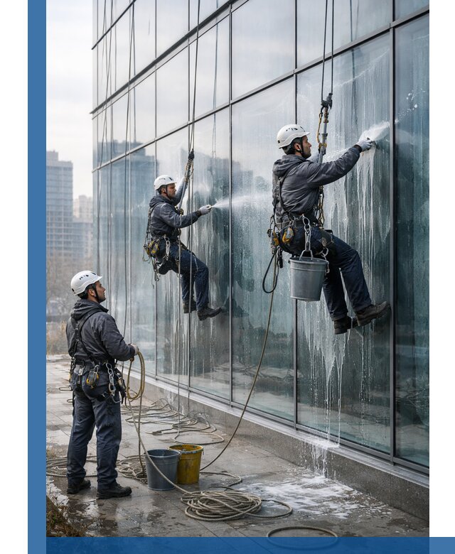 Промышленная мойка панорамных окон на высоте в Минусинске