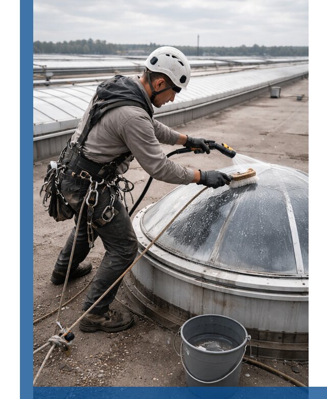 Мойка зенитных фонарей на кровле для промышленных объектов в Минусинске