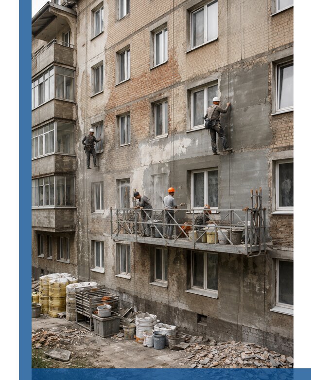 Капитальный ремонт фасада в Минусинске с восстановлением и гидроизоляцией