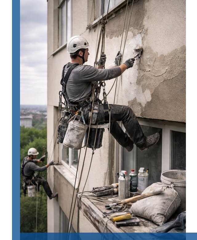Косметический ремонт фасада зданий в Минусинске промышленными альпинистами