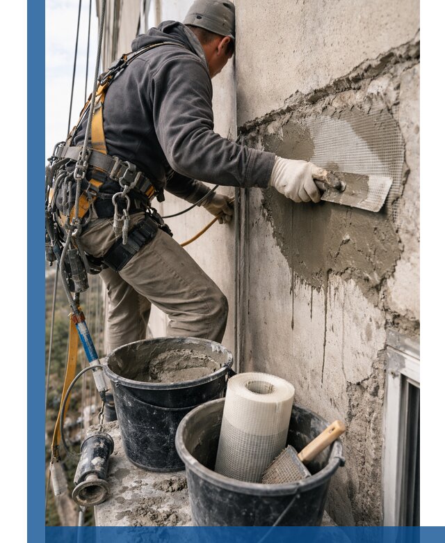 Ремонт бетонных элементов фасада промышленными альпинистами в Минусинске