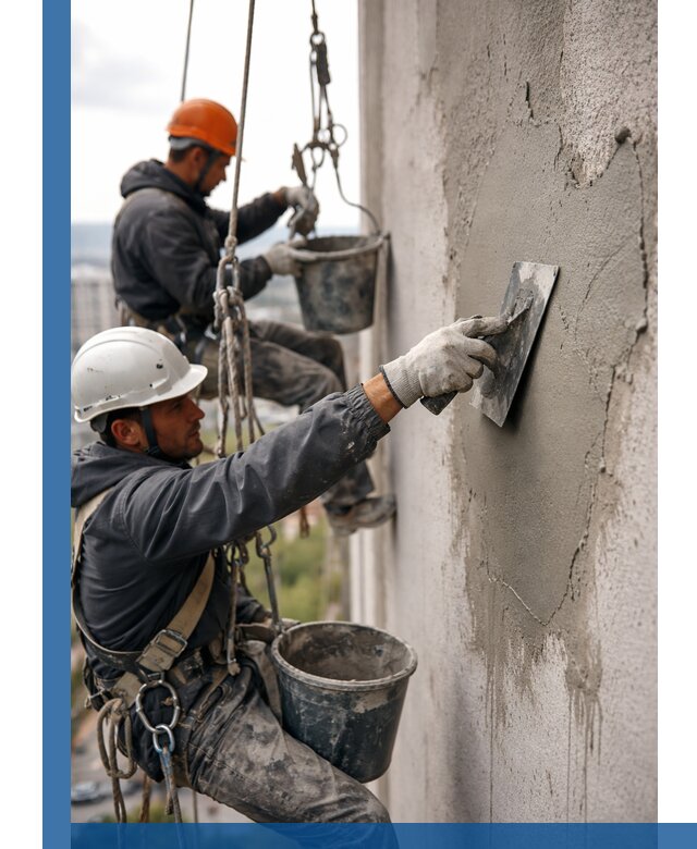 Штукатурка фасада на высоте в Минусинске профессиональные работы