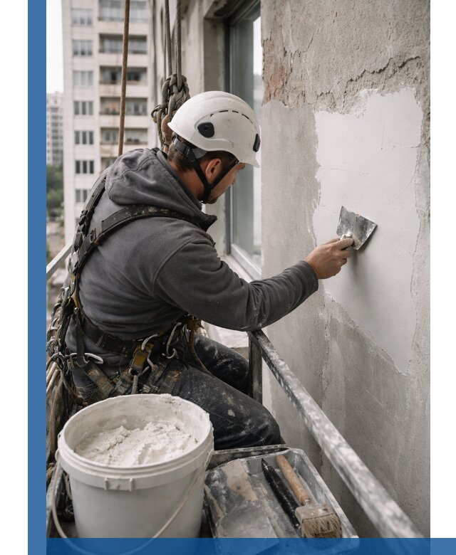 Шпаклевка фасадов на высоте с промальпинистами в Минусинске