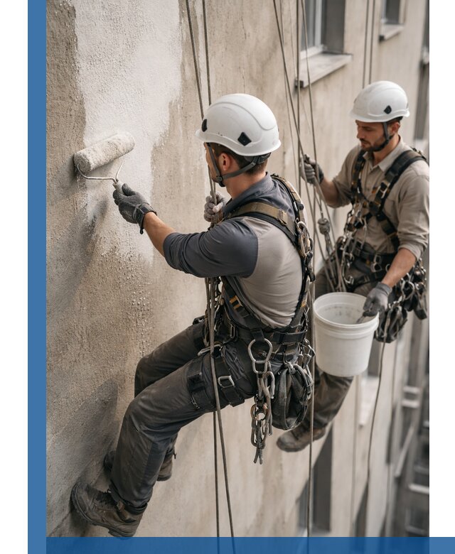 Грунтовка фасада на высоте в Минусинске промышленными альпинистами