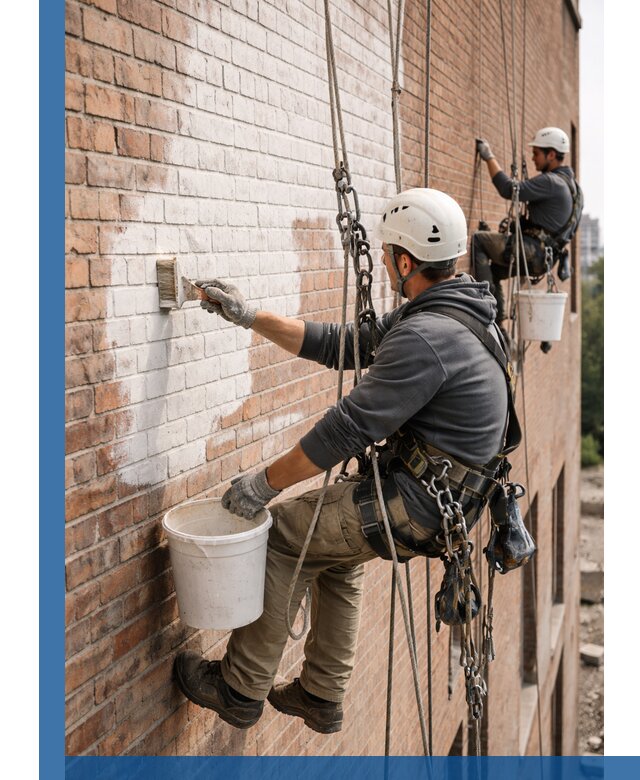 Покраска кирпичного фасада с доступным альпинистским сервисом в Минусинске