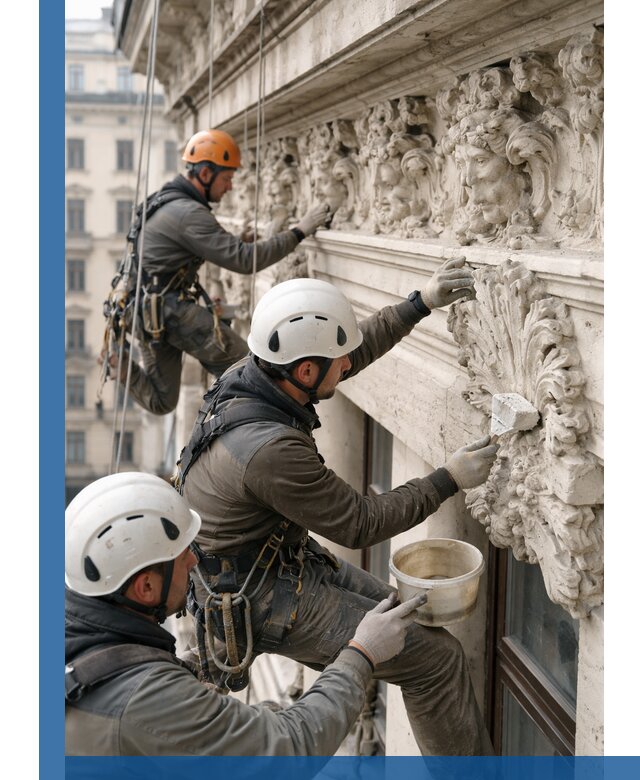 Реставрация фасадной лепнины с высотными работами в Минусинске