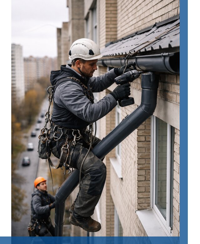 Монтаж водосточной системы на здании в Минусинске от 5081 р. | ВЫСОТНИК-Мнс