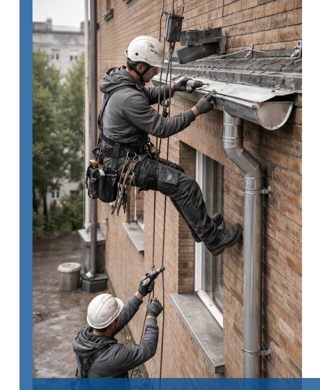 Монтаж водосточной системы на здании в Минусинске под ключ