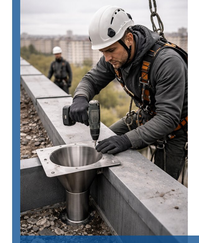 Монтаж водосточных воронок в Минусинске для промышленных зданий