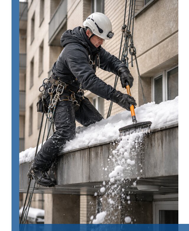 Очистка козырьков от снега в Минусинске круглогодично безопасно