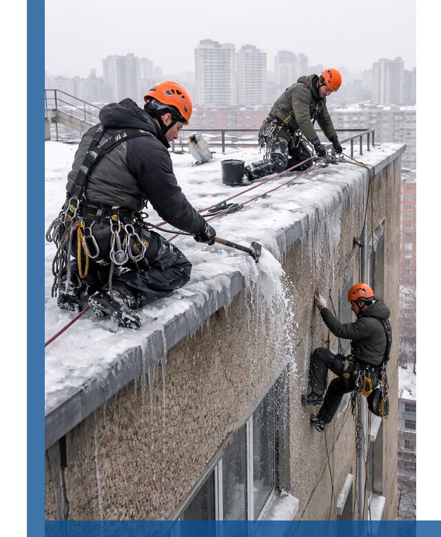 Удаление наледи с кровли в Минусинске промышленными альпинистами