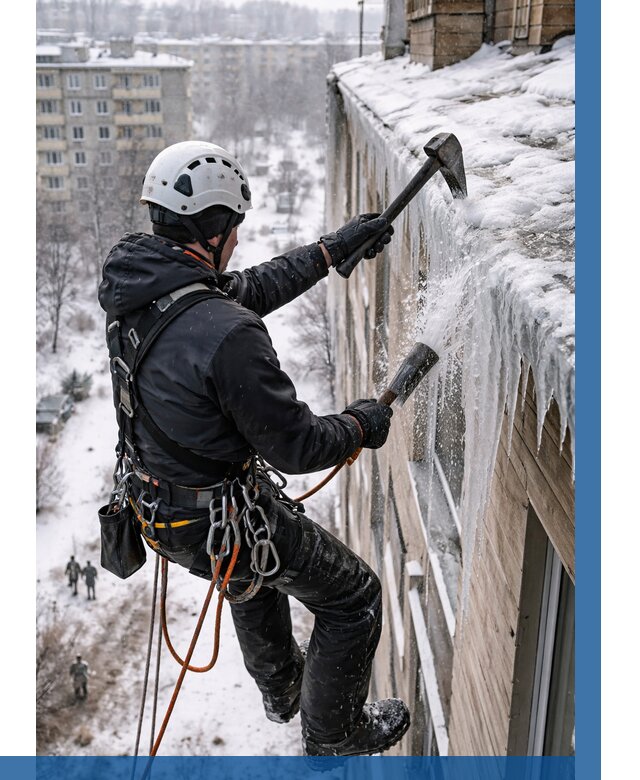 Сбивание сосулек с крыши в Минусинске по цене от 4572 р. | ВЫСОТНИК-Мнс