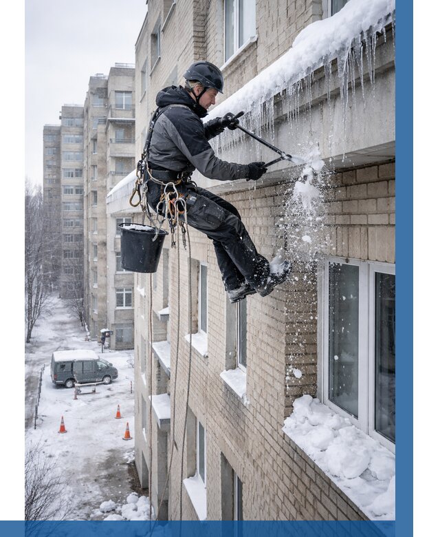 Удаление наледи с карнизов в Минусинске от 356 р. | ВЫСОТНИК-Мнс