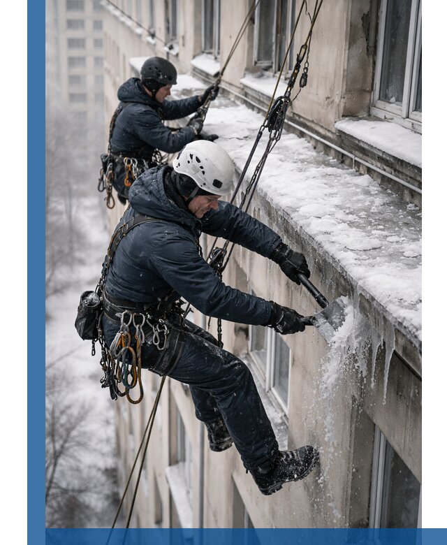 Удаление наледи и сосулек с карнизов в Минусинске профессионально