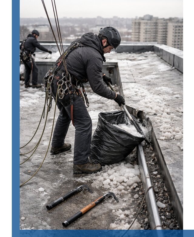 Аварийная очистка кровли в Минусинске от промальпинистов