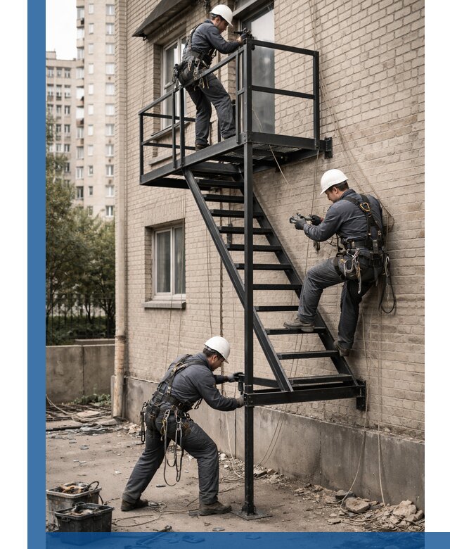 Монтаж пожарной лестницы в Минусинске, установка и крепление