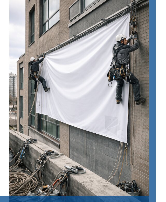 Монтаж баннеров на фасаде в Минусинске от 660 р. заказать ВЫСОТНИК-Мнс