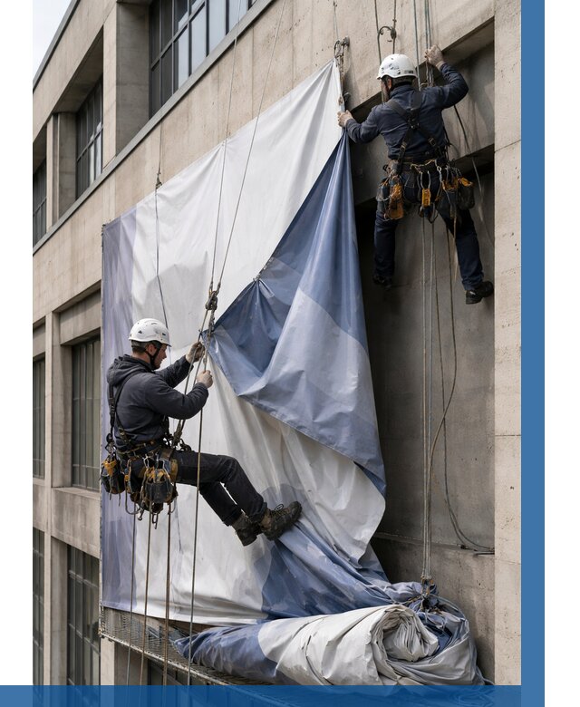 Демонтаж баннеров с фасада в Минусинске от 4572 р. | ВЫСОТНИК-Мнс