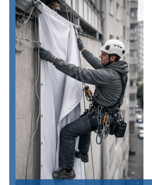Замена баннерного полотна промышленными альпинистами в Минусинске