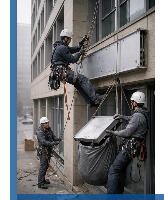 Демонтаж рекламной вывески с высотными работами в Минусинске