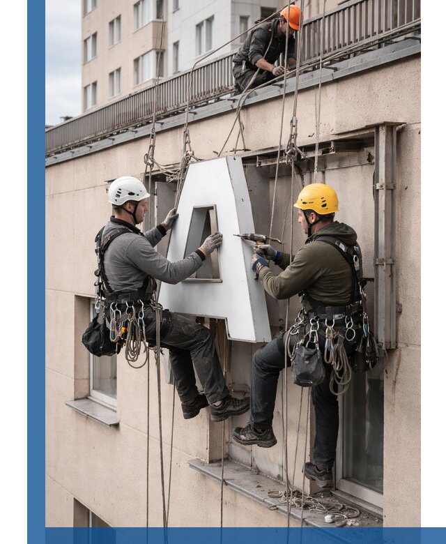 Ремонт и восстановление наружных вывесок на высоте в Минусинске