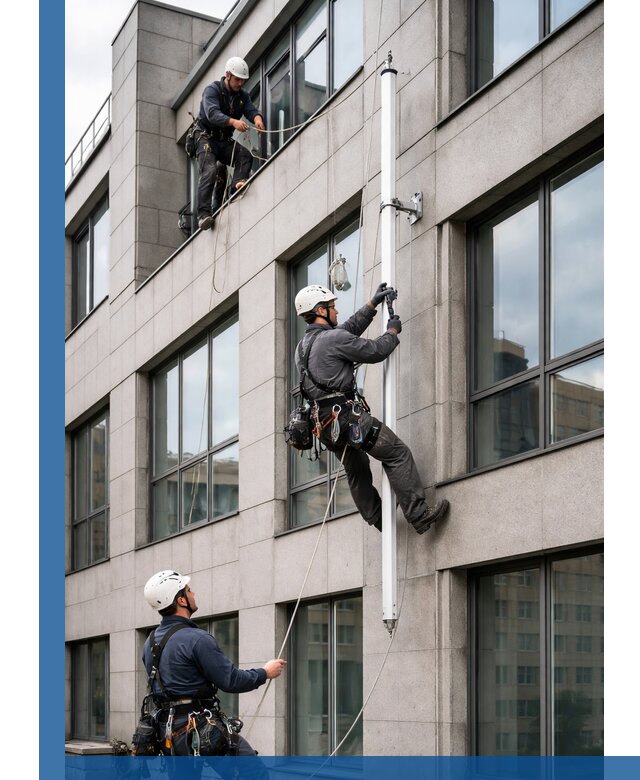 Монтаж флагштока на фасаде здания с креплением и герметикой в Минусинске