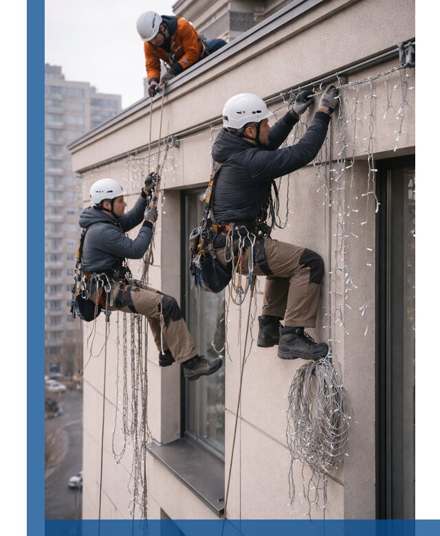 Монтаж праздничных гирлянд на фасаде в Минусинске для зданий