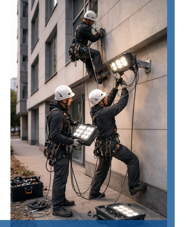 Монтаж прожекторов на фасаде в Минусинске от 7621 р. | ВЫСОТНИК-Мнс