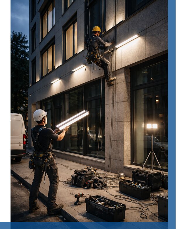 Монтаж архитектурной подсветки здания в Минусинске от 2540 р.|ВЫСОТНИК-Мнс