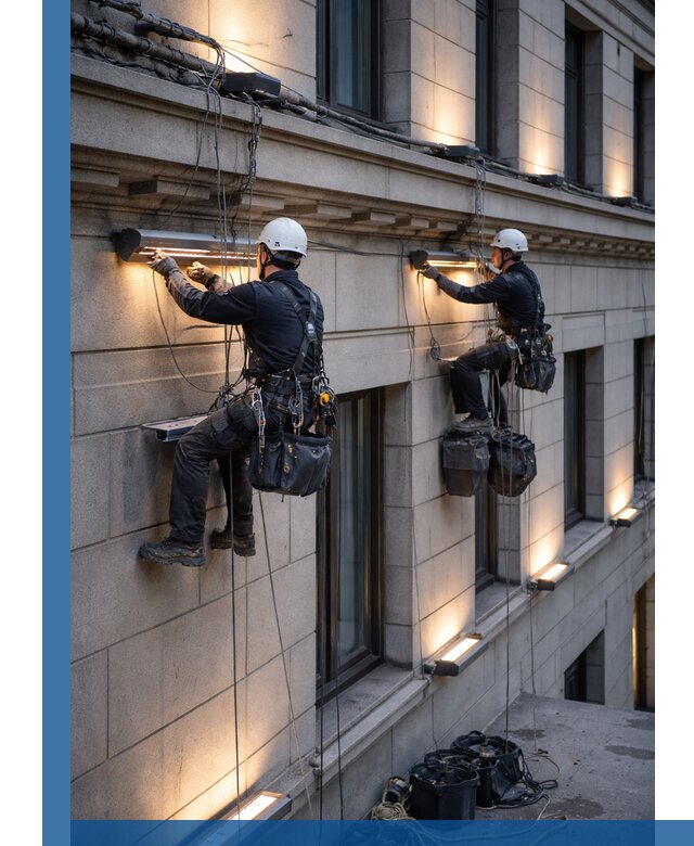 Монтаж архитектурной подсветки фасадов зданий в Минусинске