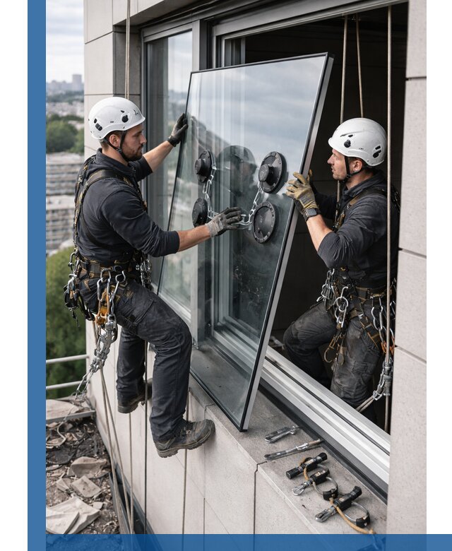 Замена стеклопакетов на высоте с промышленными альпинистами в Минусинске