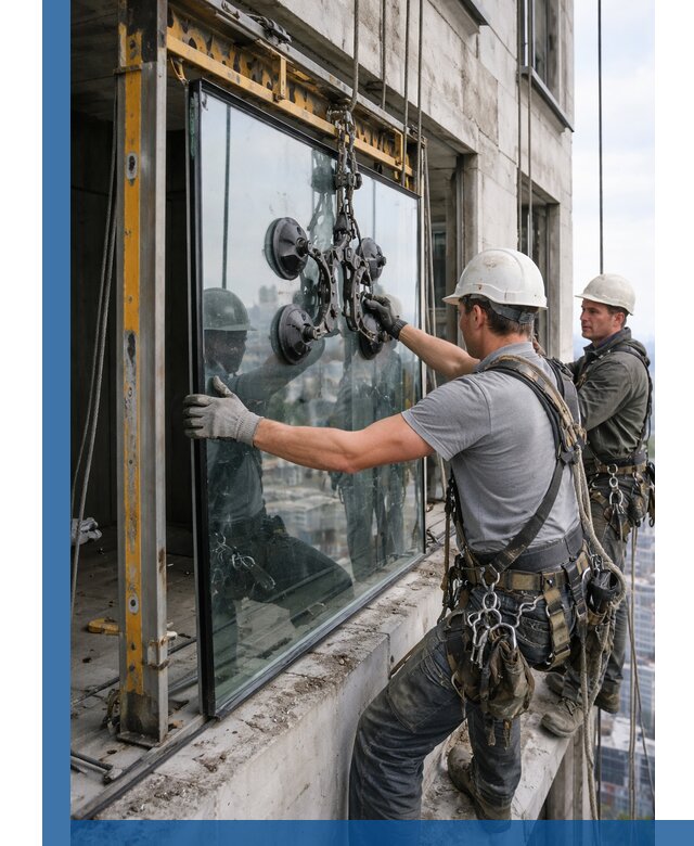 Монтаж стеклопакетов на высоте в Минусинске с промышленным альпинизмом