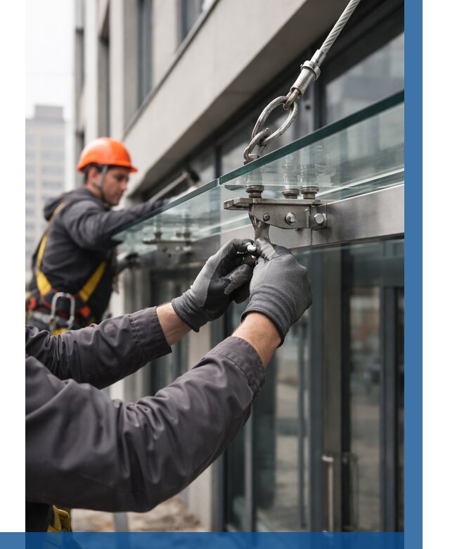 Монтаж стеклянных козырьков в Минусинске от 8637 р. | ВЫСОТНИК-Мнс