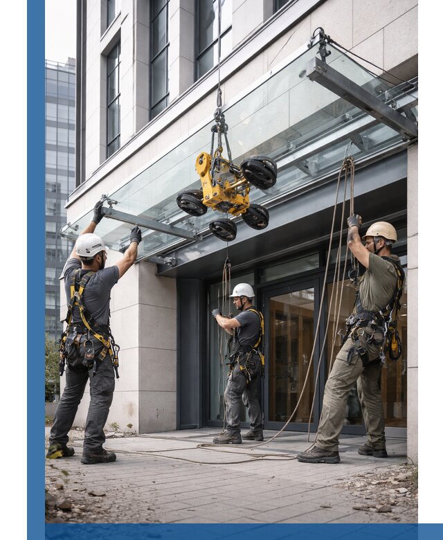 Монтаж стеклянных козырьков под ключ в Минусинске для зданий