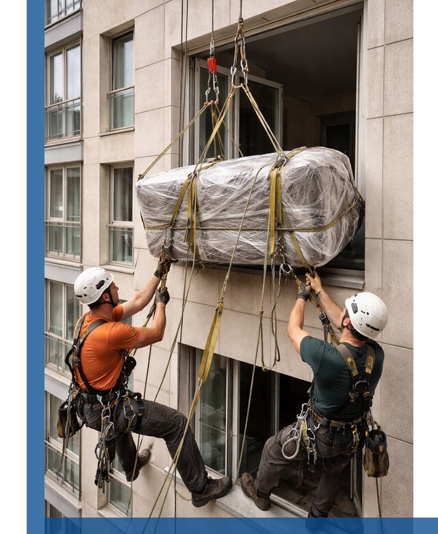 Подъем грузов через окно в Минусинске промышленными альпинистами