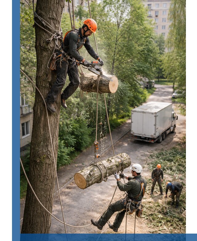 Спил деревьев альпинистами в Минусинске, безопасно и без повреждений