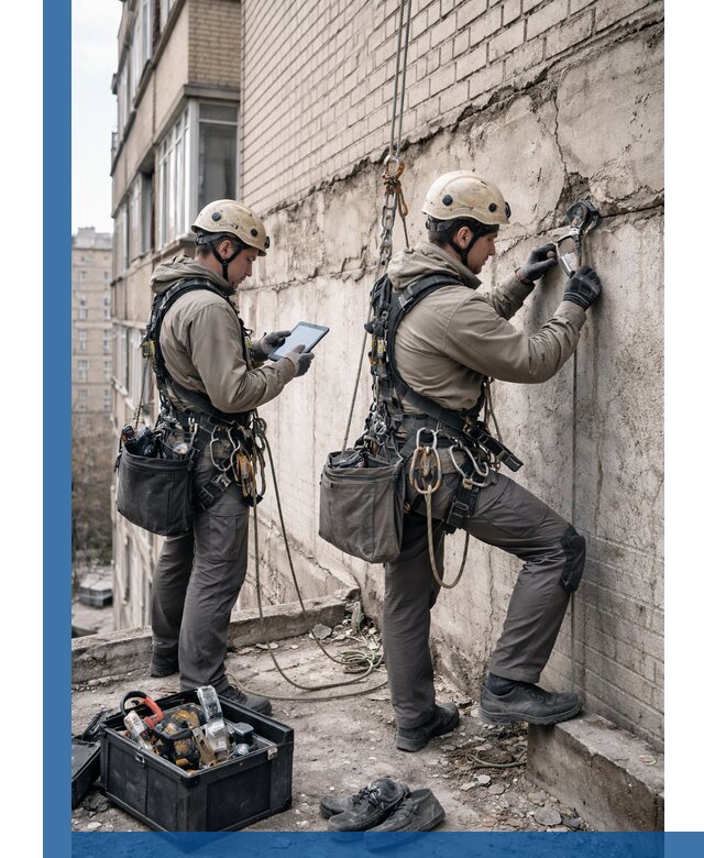 Обследование фасада промышленными альпинистами в Минусинске